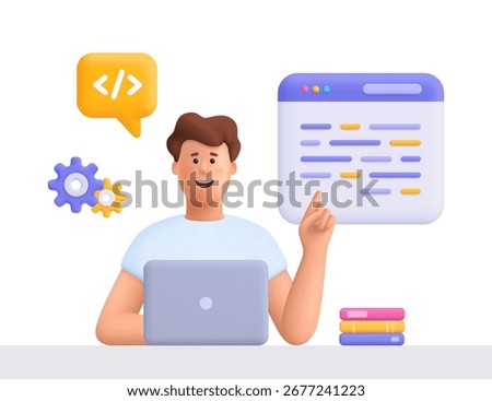 Young smiling man James working on laptop, writing code, create software. Software engineering, web development, programming and coding concept. 3d vector people character. Cartoon minimal style.