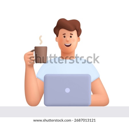 Young smiling man James working on laptop and holding cup of coffee. Remote work, freelance, online education and social media concept. 3d vector people character. Cartoon minimal style.