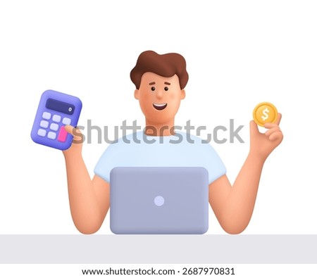 Young smiling man James working on laptop holding calculator and dollar coin. Business, finance, accounting, tax and budget planning concept. 3d vector people character. Cartoon minimal style.