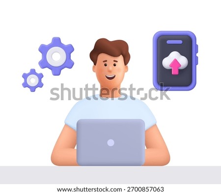 Young smiling man James working on laptop with cloud upload and transferring data. Digital technology, data management concept. 3d vector people character. Cartoon minimal style.