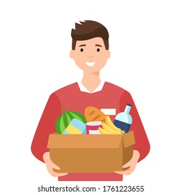 Young smiling man keeps grocery box. Online delivery and courier service. Logistics concept. Colourful flat cartoon vector illustration isolated on white background.
