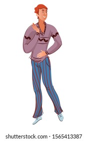 A young, smiling man in a lilac sweater and blue striped trousers is standing at full length. Isolated image on a white background. Vector graphics. In the style of a cartoon, flat.