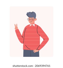 Joven sonriente haciendo gesto de mano positivo posando para la ilustración del vector fotográfico