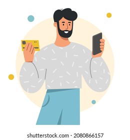 Young smiling man paying with a credit card through application on the phone. Concept of online shopping over the internet. Flat vector illustration isolated on white background.