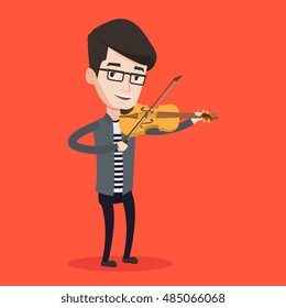 Young smiling man playing violin. Violinist playing classical music on violin. Caucasian man with violin standing on a red background. Vector flat design illustration. Square layout.