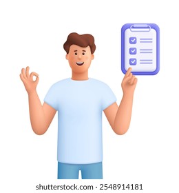 Junger lächelnder Mann, der auf die Zwischenablage mit einer Checkliste zeigt, um Liste zu tun. Termine, Planung und Organisation des Arbeitsprojektes, Konzept der Geschäftsaufgaben. 3D-Vektor Menschen Zeichen. Cartoon minimalen Stil.