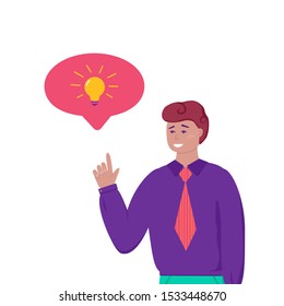 Young smiling man pointing a finger on speech bubble with idea sign. Businessman have a solution a problem. Cartoon male character on white. Vector.