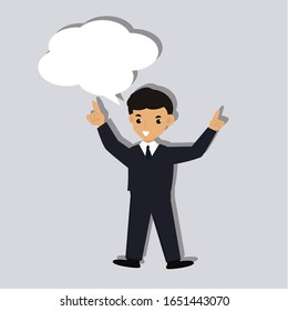 Young smiling man pointing up over concept. concept. creative idea design. Flat vector illustration for template, brochure or presentation.