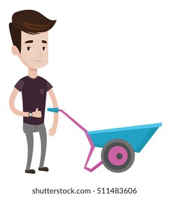 Young smiling man pushing wheelbarrow. Caucasian happy gardener with wheelbarrow. Man giving thumb up while standing near wheelbarrow. Vector flat design illustration isolated on white background.