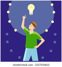 Young smiling man raising his hand up. Light bulb, symbol of new idea. Freelance or office work scene. Flat vector illustration isolated on blue background