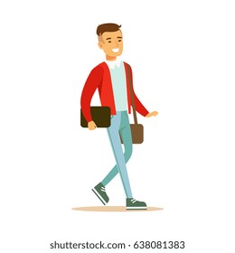Young smiling man in a red jacket walking and holding a bag and a gadget in his hands. Student lifestyle colorful character vector Illustration