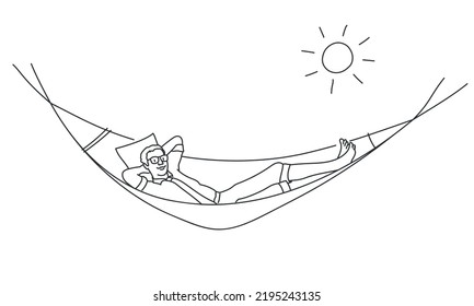 Young smiling man relaxing in hammock. Hand drawn vector illustration. Black and white.