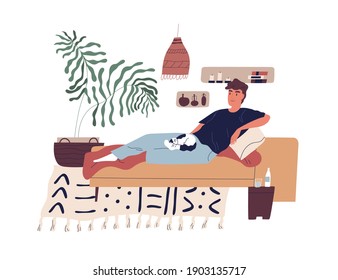 Young smiling man relaxing on sofa with cat on his knees. Happy guy spending leisure time alone at home doing nothing at weekend. Colorful flat vector illustration isolated on white background