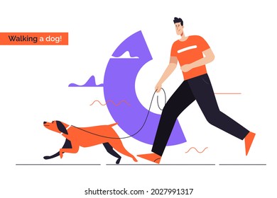 Young smiling man running a dog on a leash. Flat style outline vector illustration. Editable stroke.