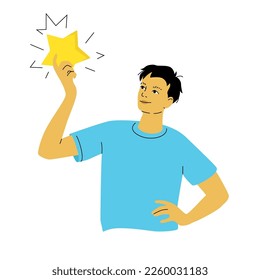 Young smiling man with shining star. Dreams come true concept. Modern vector character design. Flat cartoon illustration isolated on white background. 