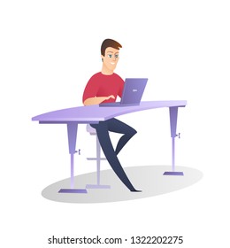 Young Smiling Man with Short Hairstyle, Blue Eyes, Wearing Red Shirt and Dark Jeance Working on Laptop Sitting on Chair at Table on White Background. Flat Vector Illustration, Office Worker Lifestyle