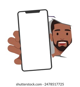 Young smiling man showing blank mobile, cell phone behind the wall. Flat vector illustration isolated on white background