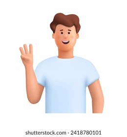 Young smiling man showing a three fingers gesture, number three. 3d vector people character illustration. Cartoon minimal style.