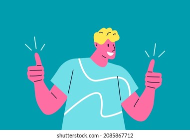 Young smiling man showing thumbs up positive gesture with hand. Winner, cheerful mood and thumbs up concept. Vector illustration
