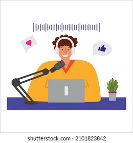 Young smiling man sits by the table with headphones, laptop and microphone recording audio podcast. Flat vector illustration concept of radio broadcasting. 