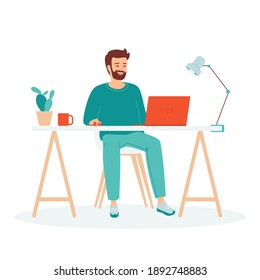 Young smiling man sits at a table with a laptop. Distance learning concept, e-learning, remote work from home, freelance, courses. Student learns using a computer. Isolated cartoon vector illustration