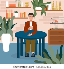 Young smiling man sitting at the cafe or restaurant and have a drink vector flat cartoon illustration. Modern and cozy cafe interior design with home plants, furniture, and decorations.