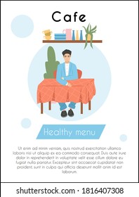 Young smiling man sitting at the cafe or restaurant and have a drink vector flat cartoon card template. Modern and cozy cafe interior design with home plants, furniture, and decorations.