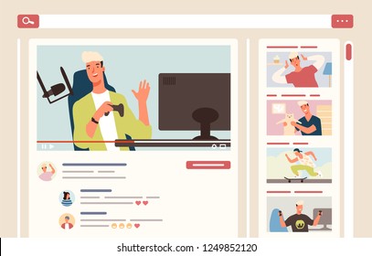 Young smiling man sitting in chair in front of computer monitor and holding joystick. Happy guy on his internet video channel or online vlog. Popular vlogger. Flat cartoon colored vector illustration.