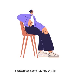Young smiling man sitting in chair, leaning on chairback, posing. Male character, model in seated position in modern casual clothes, outfit. Flat vector illustration isolated on white background