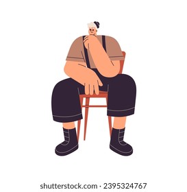 Young smiling man sitting in chair, leaning on arm, thinking, waiting, resting. Male character in seated position in modern outfit, posing. Flat vector illustration isolated on white background