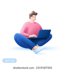 Young smiling man sitting with crossed legs, holding laptop. Freelance, studying, online education, work at home, work concept. 3d vector people character illustration. Cartoon minimal style.