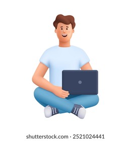 Young smiling man sitting with crossed legs, holding laptop. Freelance, studying, online education, work at home, work concept. 3d vector people character. Cartoon minimal style.