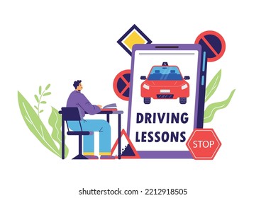 Young smiling man sitting at the desk, road signs flat style, vector illustration isolated on white background. Driving school concept, huge mobile phone screen with car and text