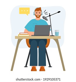 Young smiling man sitting with headphones, microphone and laptop at the desk and recording audio podcast. Concept of radio broadcasting. Flat vector illustration.