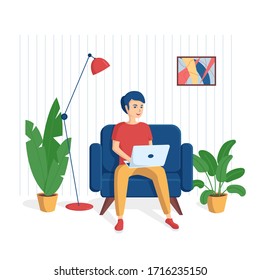 A young smiling man is sitting with a laptop in a chair. The concept of remote work from home, distance learning, programming, freelance.Vector illustration in a flat style.Stay home during an epidmic
