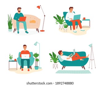 Un joven sonriente está sentado con un portátil en el sofá y el sillón. Concepto de trabajo a distancia desde casa, freelance, educación a distancia, e-learning. Conjunto de ilustraciones vectoriales aisladas en estilo de dibujos animados