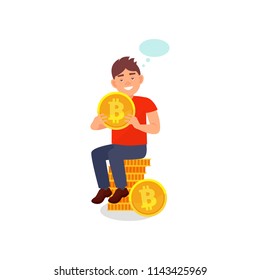 Young smiling man sitting on a stack of bitcoins, cryptocurrency mining technology vector Illustration on a white background