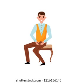 Young smiling man sitting on classic wooden chair with soft trim. Guy in formal clothes. Flat vector illustration