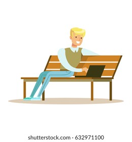 Young smiling man sitting on a wooden bench and using laptop. Colorful character vector Illustration