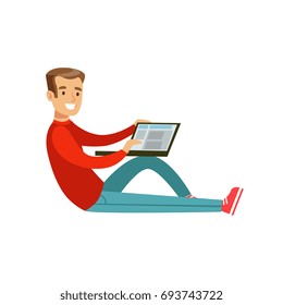 Young smiling man sitting on the floor using his laptop colorful character vector Illustration