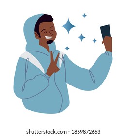 young smiling man with smartphone takes a selfie vector illustration