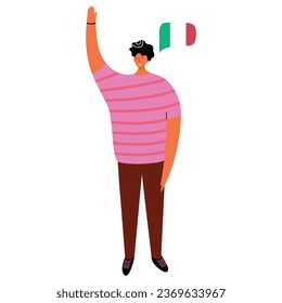 Young smiling man speaking Italian language speech bubble flag vector flat illustration. Happy male talking foreign communication spelling Italy translation global discussion learning courses