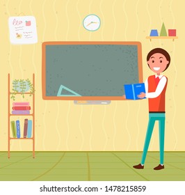 Young smiling man standing in front of chalkboard and holding textbook. Male teacher or student in classroom. Back to school concept vector illustration. Flat cartoon