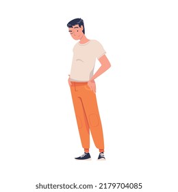 Young Smiling Man Standing with Hands on Hips and Winking Vector Illustration