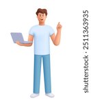 Young smiling man standing, holding and using laptop computer . Computer technology concept. 3d vector people character. Cartoon minimal style.