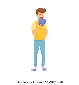 Young Smiling Man Standing and Holding Mask with Sad Emotion in His Hands Vector Illustration