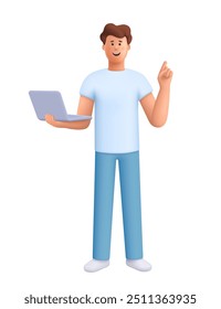 Young smiling man standing, holding and using laptop computer . Computer technology concept. 3d vector people character. Cartoon minimal style.