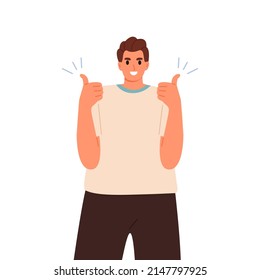 Young smiling man standing and showing thumbs up gesture plus. Thumbs up concept. Flat vector illustration isolated on white background
