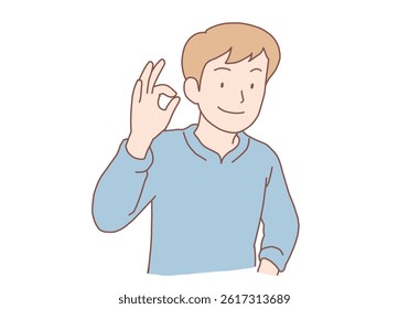 Young smiling man standing showing ok sign with fingers. Hand drawn style vector design illustrations.