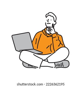 Estudiante joven sonriente estudiando tareas usando el arte de la línea de computadora portátil.